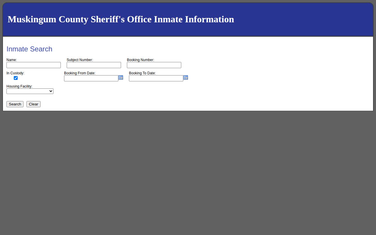 Muskingum County Jail roster search fields in the official inmate inquiry