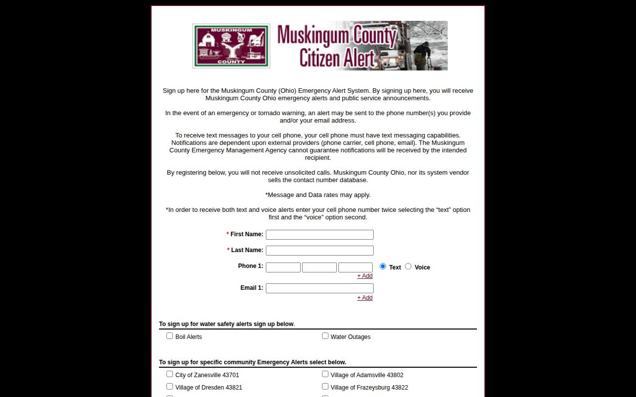 Muskingum County WENS emergency alert registration separate from jail booking records