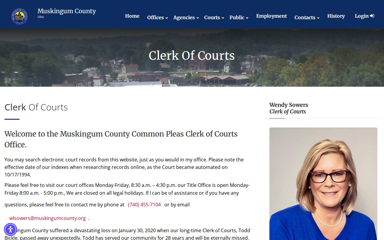 Muskingum County Clerk of Courts page for booking record disposition checks