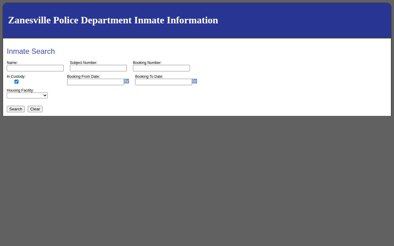 Zanesville Police Department inmate inquiry for municipal booking records